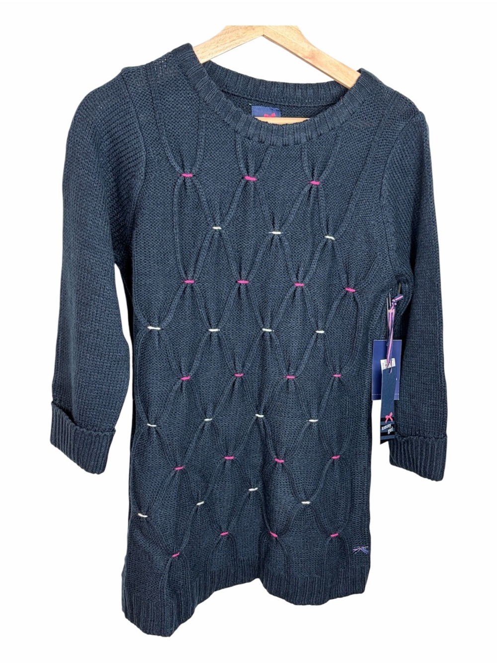 Tommy Girl Preppy Navy Cable Knit Sweater Pink Accent Stitch Crew Neck Size L